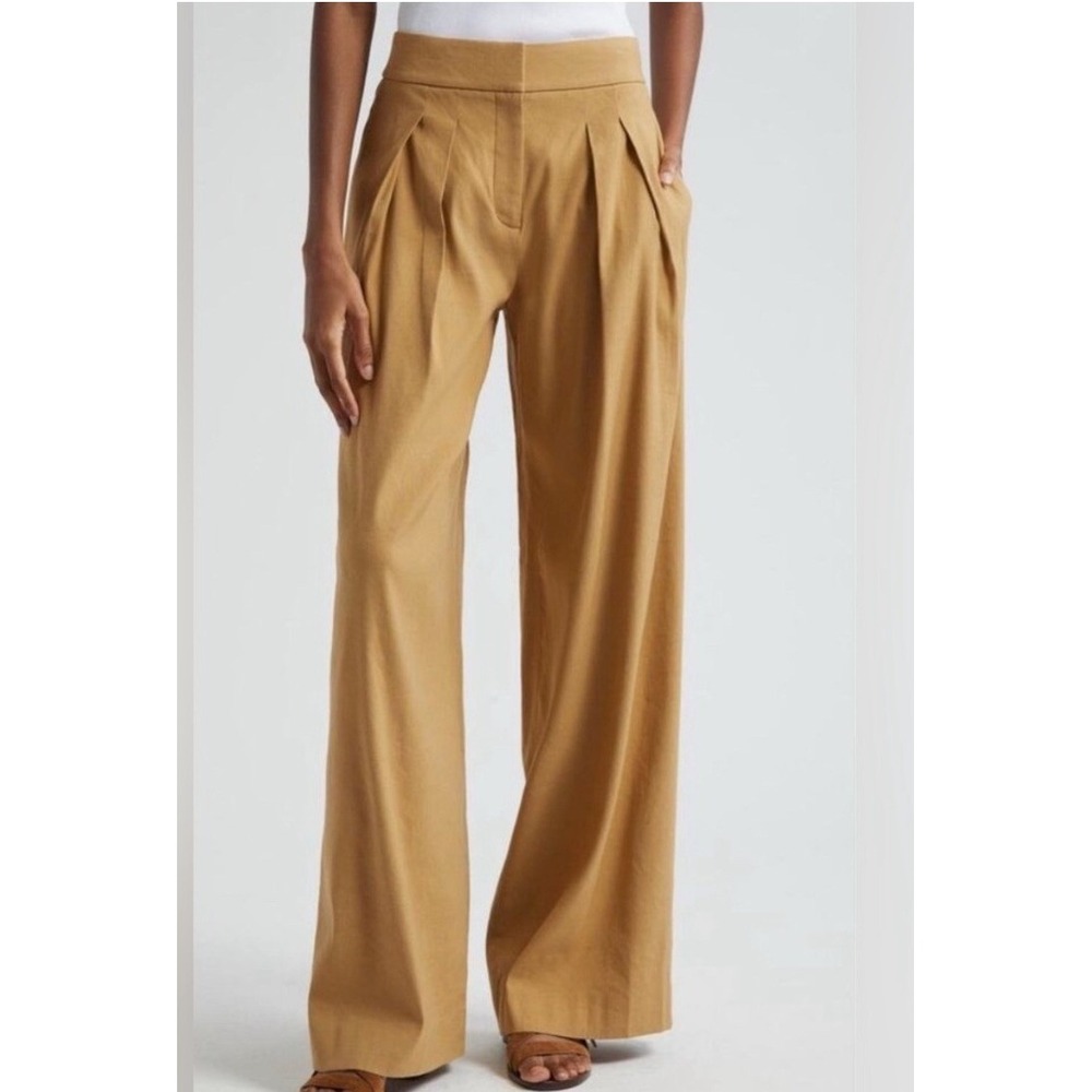 Veronica Beard Jodie Tan Linen Blend Wide Leg Pleated Trousers Pants Size 0